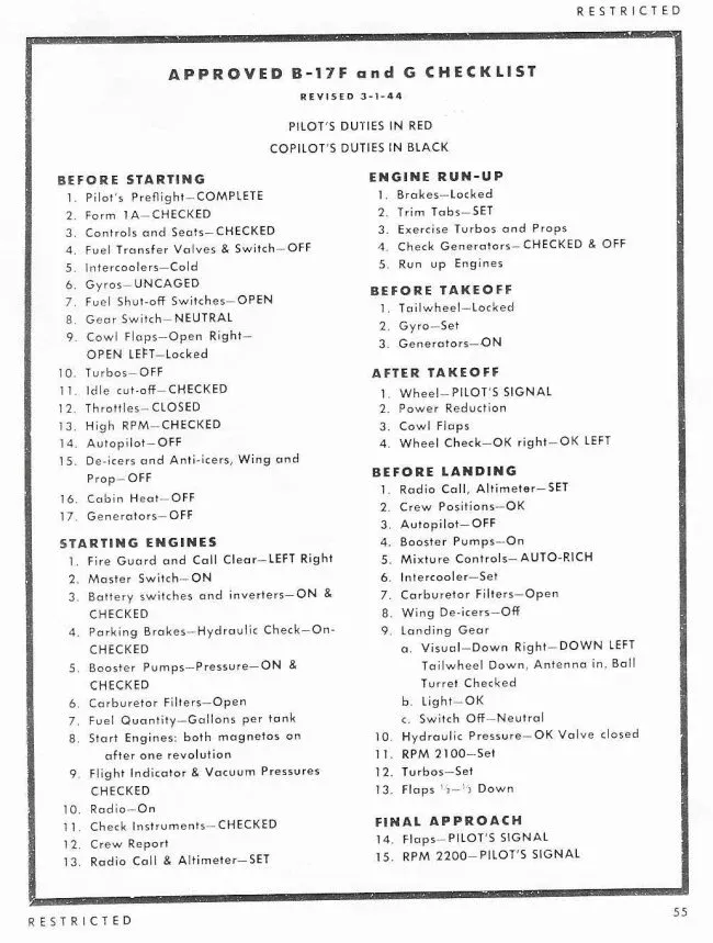 Checklist B17 Bomber Preflight 